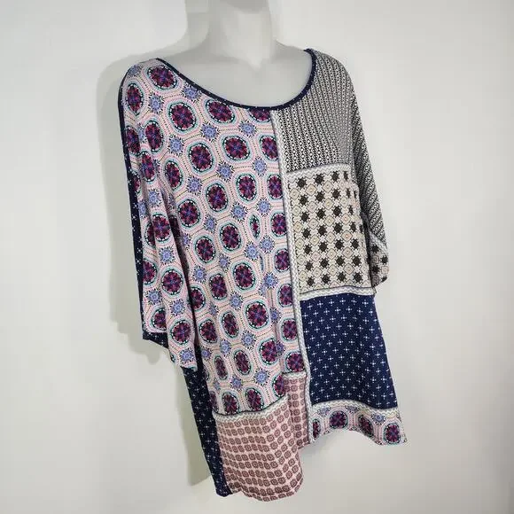 Chico's Patchwork Shirt Women Size 3 US XL Blue Multi Print Bohemian Peasant - Picture 4 of 9